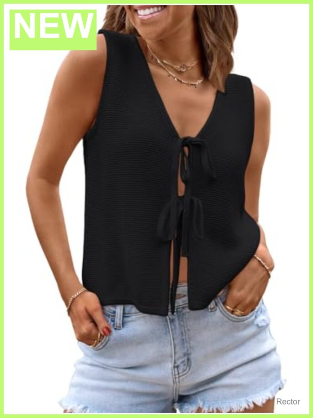 Sleeveless V-Neck Tie Front Sweater Vest Open Knit Crochet Top